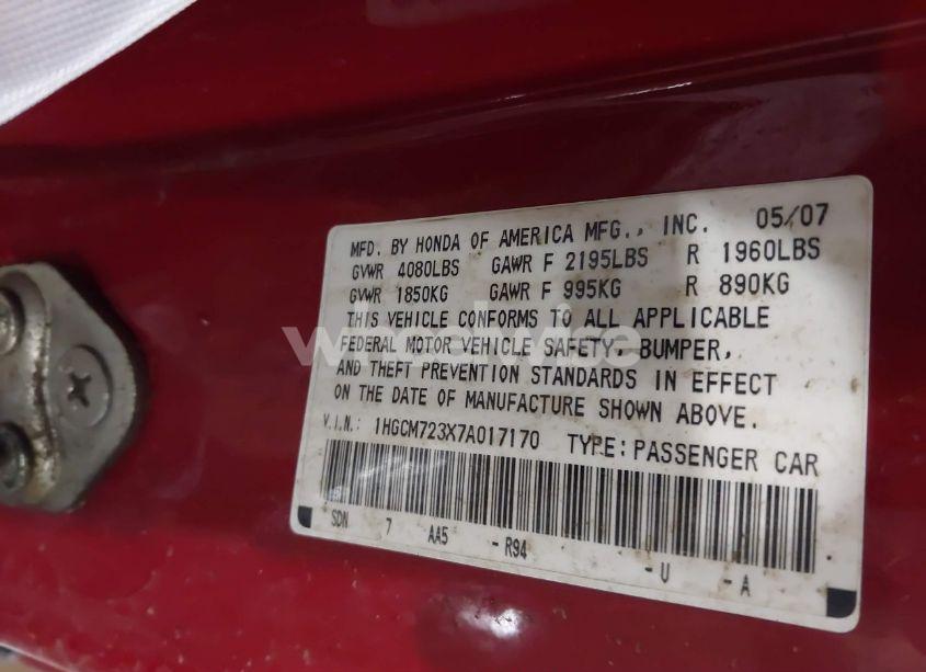 Photo 9 of 2007 Honda Accord 2.4 LX (VIN 1HGCM723X7A017170)