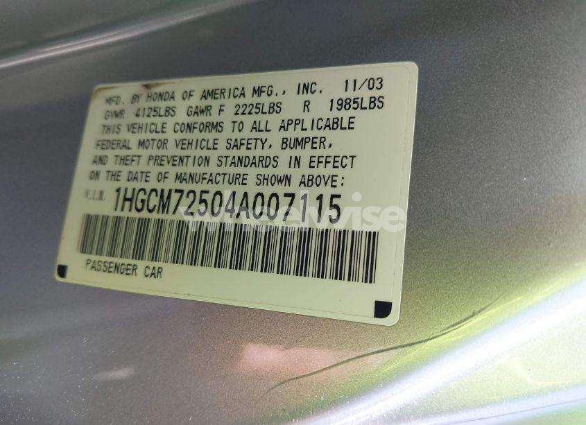 Photo 9 of 2004 Honda Accord 2.4 EX (VIN 1HGCM72504A007115)