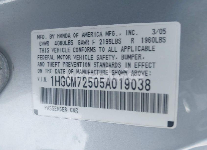 Photo 9 of 2005 Honda Accord 2.4 LX SPECIAL EDITION (VIN 1HGCM72505A019038)