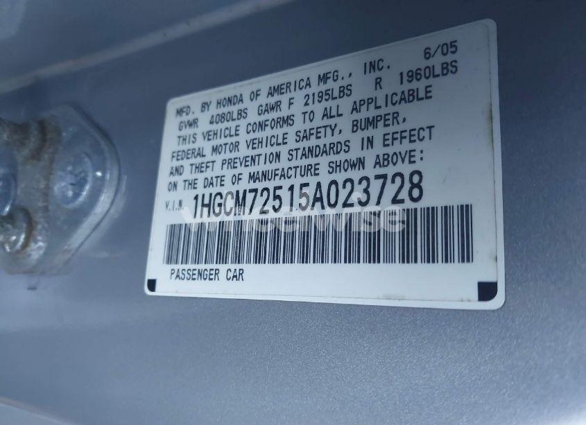 Photo 9 of 2005 Honda Accord 2.4 LX SPECIAL EDITION (VIN 1HGCM72515A023728)