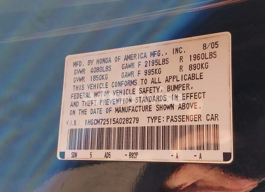 Photo 9 of 2005 Honda Accord 2.4 LX SPECIAL EDITION (VIN 1HGCM72515A028279)