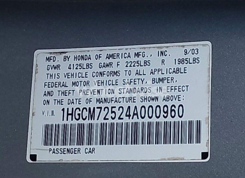 Photo 9 of 2004 Honda Accord 2.4 EX (VIN 1HGCM72524A000960)