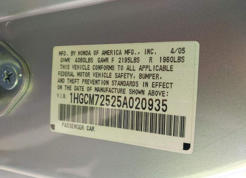 Photo 9 of 2005 Honda Accord 2.4 LX SPECIAL EDITION (VIN 1HGCM72525A020935)