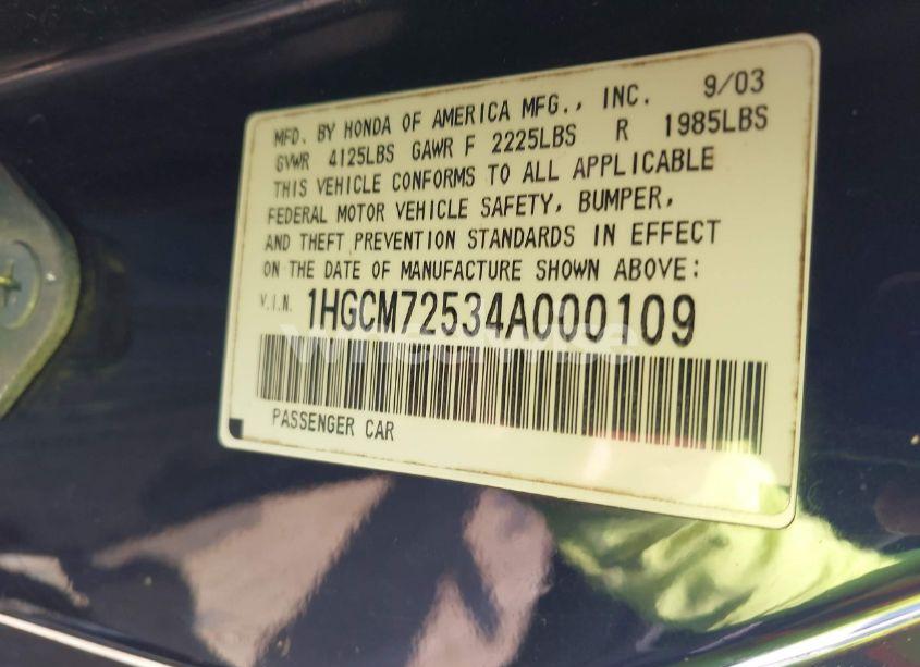 Photo 9 of 2004 Honda Accord 2.4 EX (VIN 1HGCM72534A000109)