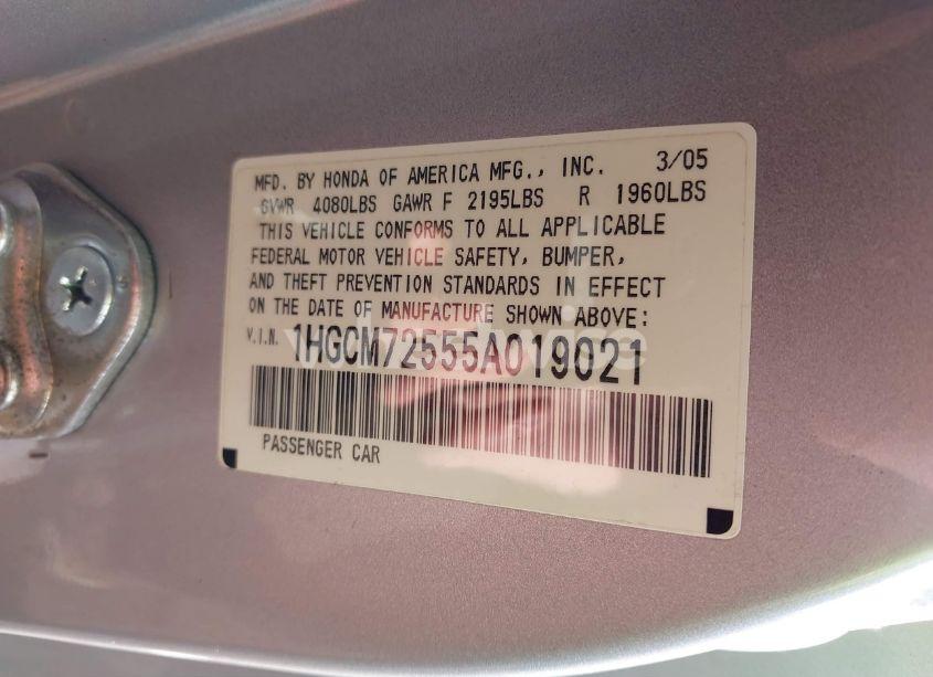 Photo 9 of 2005 Honda Accord 2.4 LX SPECIAL EDITION (VIN 1HGCM72555A019021)