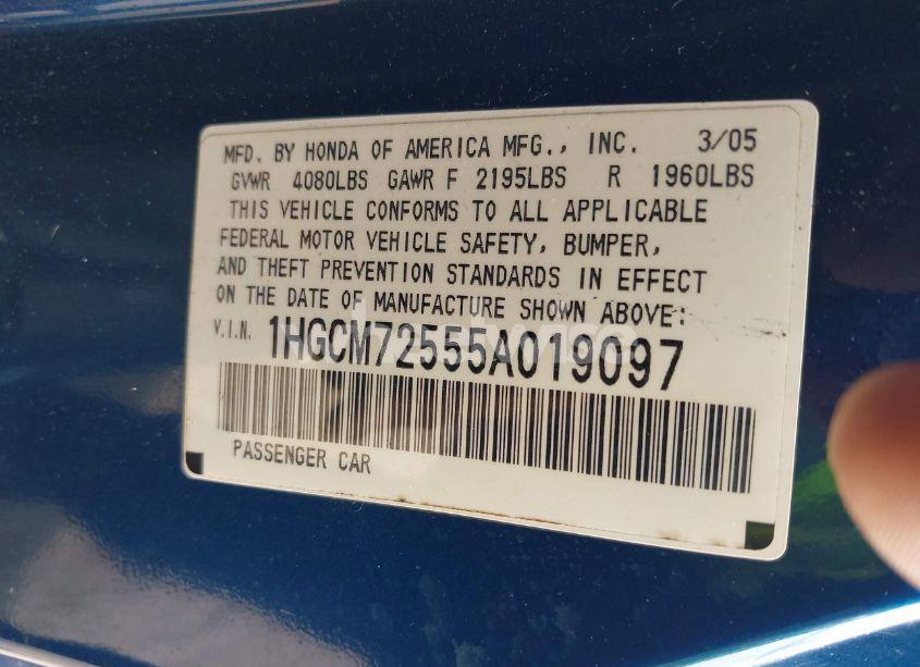 Photo 9 of 2005 Honda Accord 2.4 LX SPECIAL EDITION (VIN 1HGCM72555A019097)