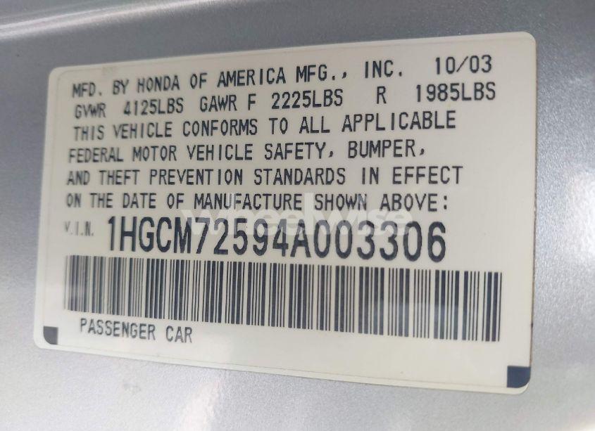 Photo 9 of 2004 Honda Accord 2.4 EX (VIN 1HGCM72594A003306)