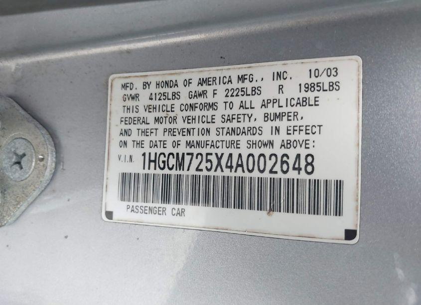 Photo 9 of 2004 Honda Accord 2.4 EX (VIN 1HGCM725X4A002648)