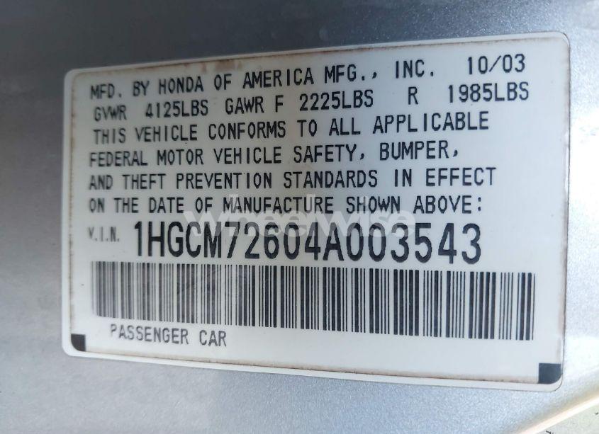 Photo 9 of 2004 Honda Accord 2.4 EX (VIN 1HGCM72604A003543)