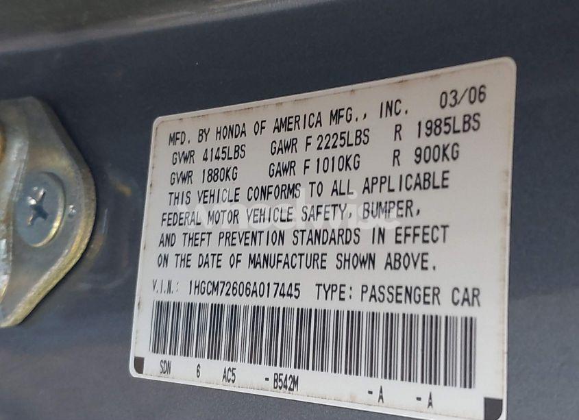 Photo 9 of 2006 Honda Accord 2.4 EX (VIN 1HGCM72606A017445)