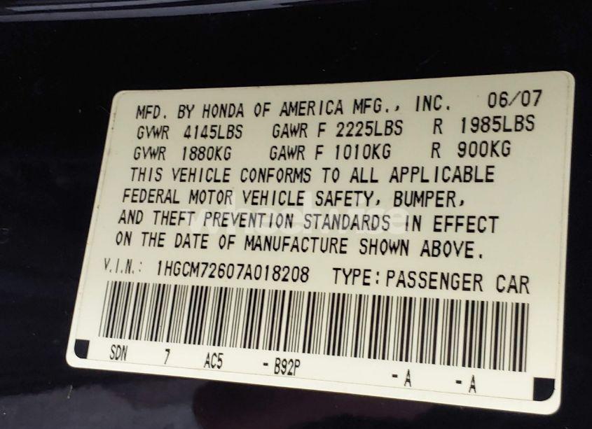 Photo 9 of 2007 Honda Accord 2.4 EX (VIN 1HGCM72607A018208)