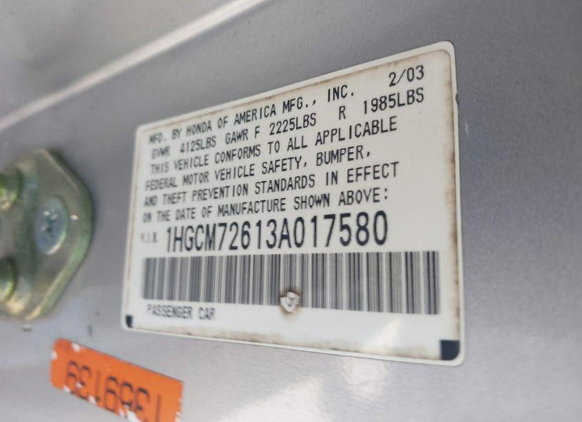 Photo 9 of 2003 Honda Accord 2.4 EX (VIN 1HGCM72613A017580)