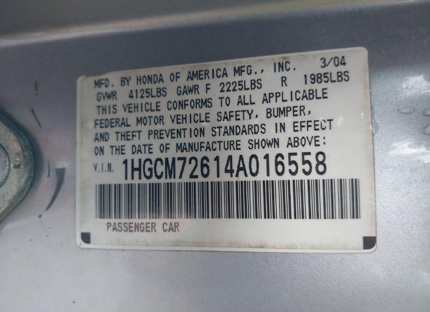 Photo 9 of 2004 Honda Accord 2.4 EX (VIN 1HGCM72614A016558)