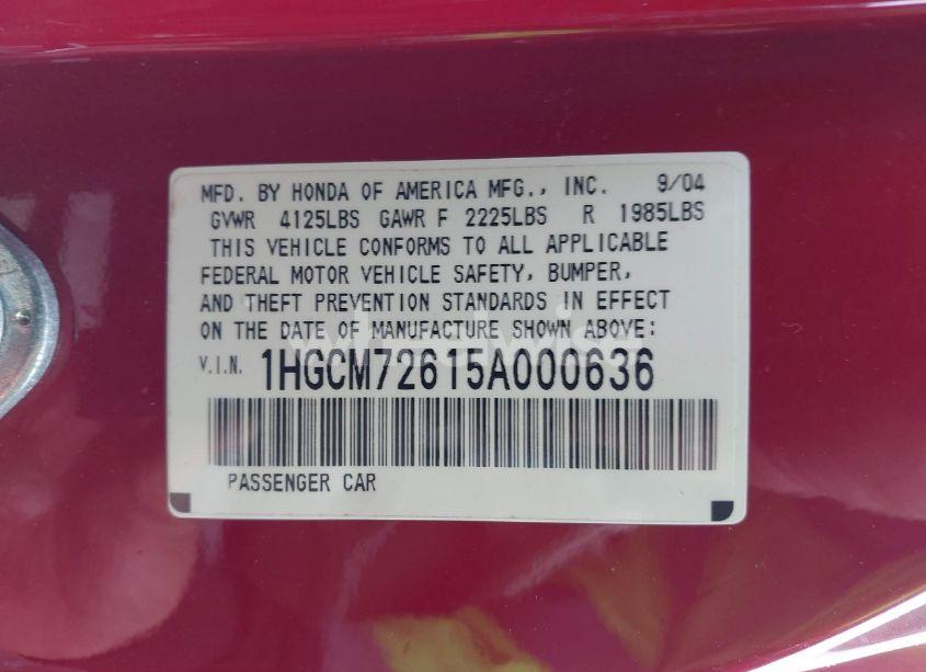 Photo 9 of 2005 Honda Accord 2.4 EX (VIN 1HGCM72615A000636)