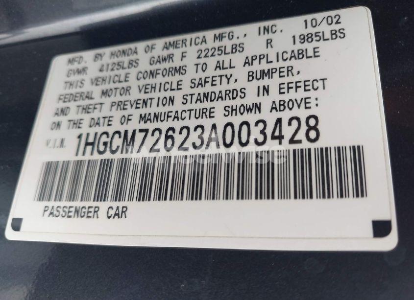 Photo 9 of 2003 Honda Accord 2.4 EX (VIN 1HGCM72623A003428)