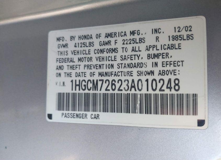 Photo 9 of 2003 Honda Accord 2.4 EX (VIN 1HGCM72623A010248)