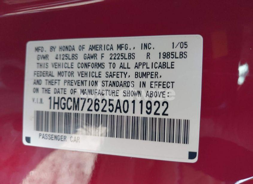 Photo 9 of 2005 Honda Accord 2.4 EX (VIN 1HGCM72625A011922)