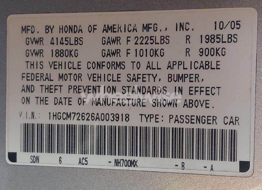Photo 9 of 2006 Honda Accord CPE (VIN 1HGCM72626A003918)