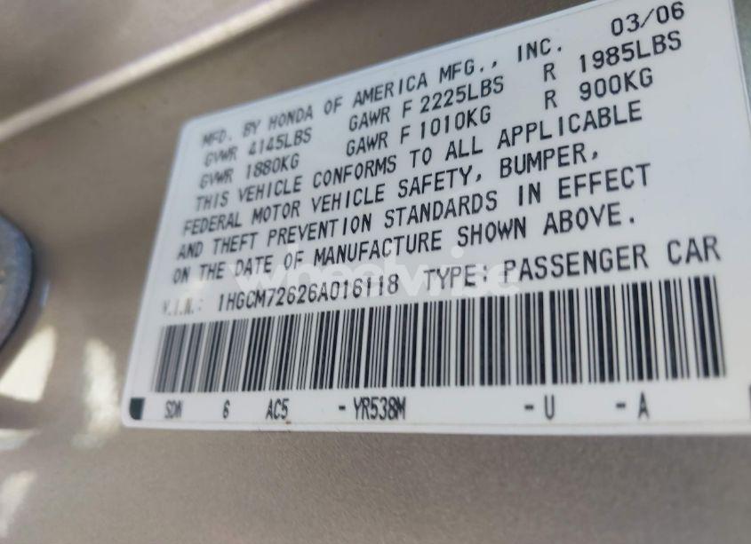 Photo 9 of 2006 Honda Accord 2.4 EX (VIN 1HGCM72626A016118)