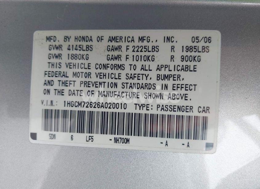 Photo 9 of 2006 Honda Accord 2.4 EX (VIN 1HGCM72626A020010)