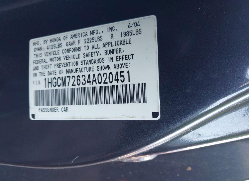 Photo 9 of 2004 Honda Accord 2.4 EX (VIN 1HGCM72634A020451)