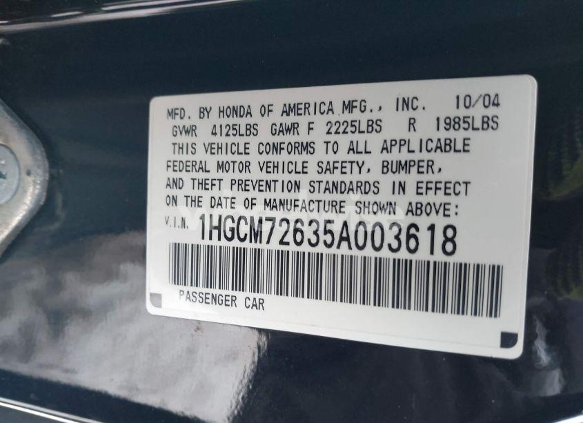 Photo 9 of 2005 Honda Accord 2.4 EX (VIN 1HGCM72635A003618)