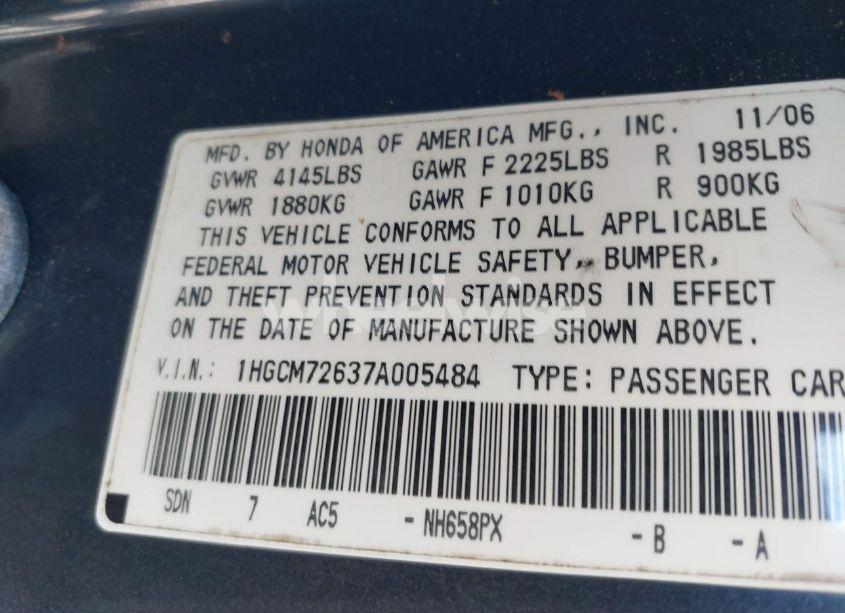 Photo 9 of 2007 Honda Accord 2.4 EX (VIN 1HGCM72637A005484)