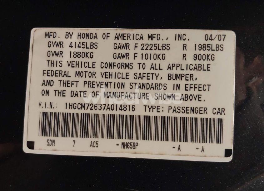 Photo 9 of 2007 Honda Accord 2.4 EX (VIN 1HGCM72637A014816)