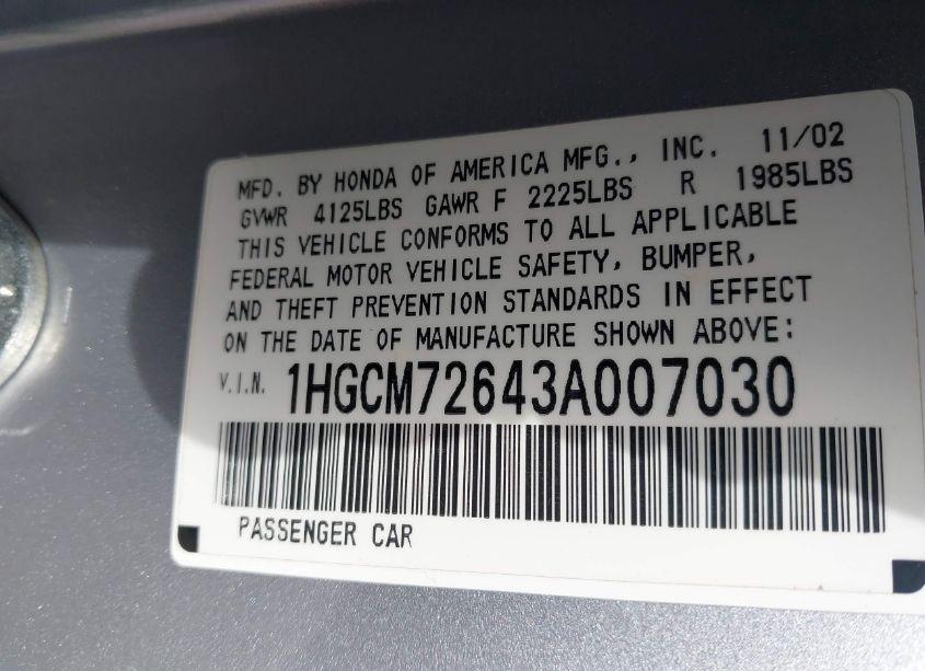 Photo 9 of 2003 Honda Accord 2.4 EX (VIN 1HGCM72643A007030)