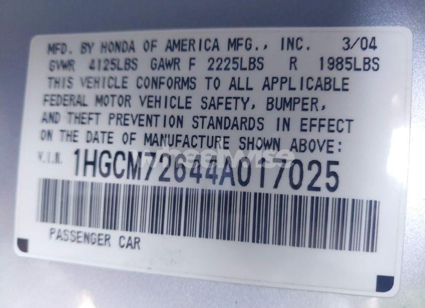 Photo 9 of 2004 Honda Accord 2.4 EX (VIN 1HGCM72644A017025)