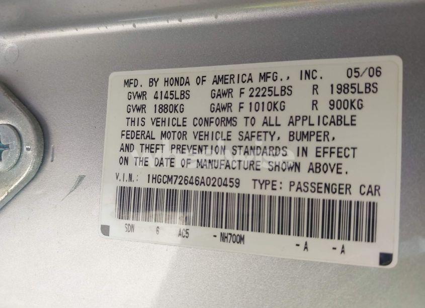 Photo 9 of 2006 Honda Accord 2.4 EX (VIN 1HGCM72646A020459)