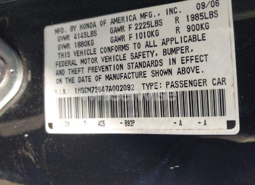 Photo 9 of 2007 Honda Accord 2.4 EX (VIN 1HGCM72647A002092)