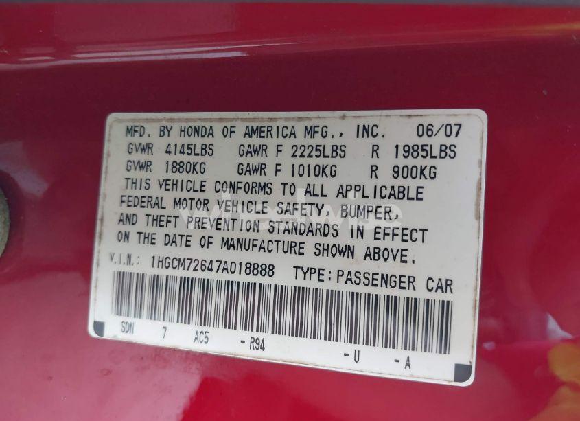 Photo 9 of 2007 Honda Accord 2.4 EX (VIN 1HGCM72647A018888)