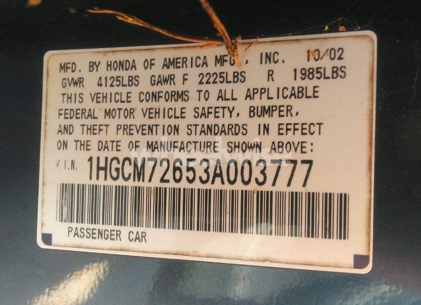 Photo 9 of 2003 Honda Accord 2.4 EX (VIN 1HGCM72653A003777)