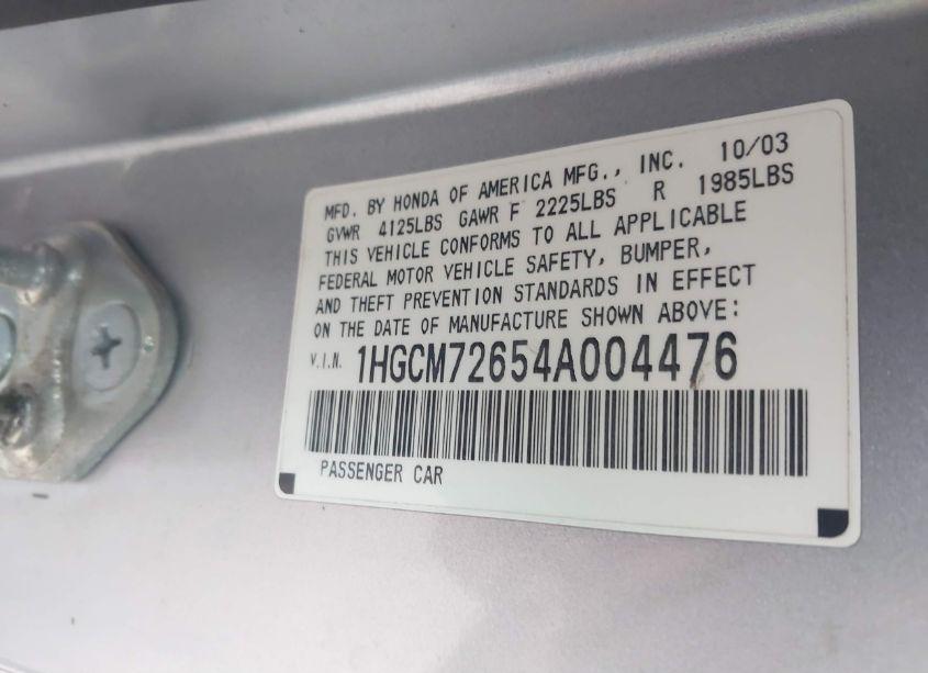 Photo 9 of 2004 Honda Accord 2.4 EX (VIN 1HGCM72654A004476)