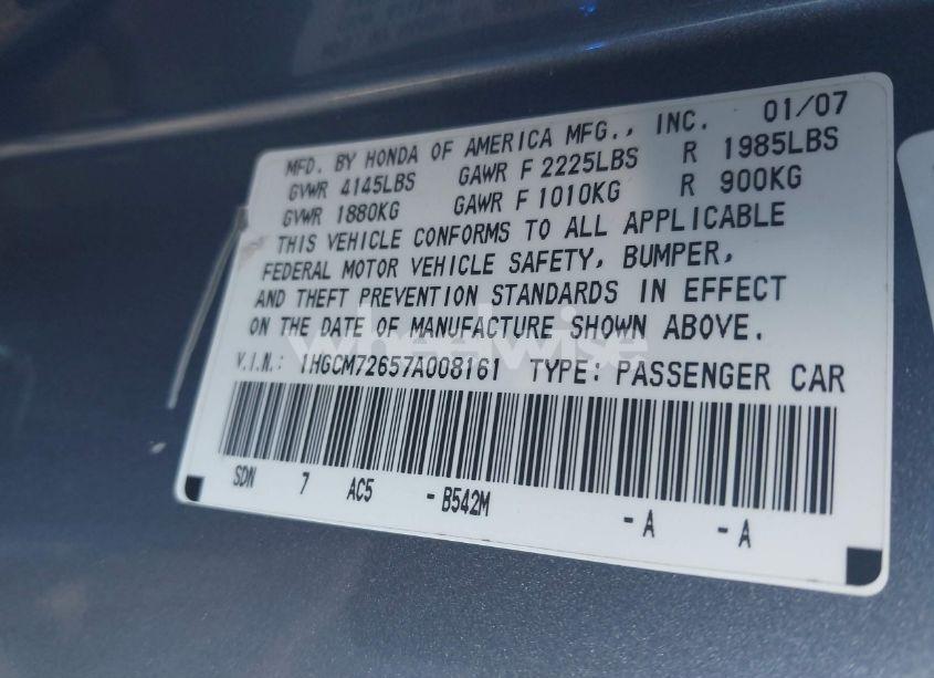 Photo 9 of 2007 Honda Accord 2.4 EX (VIN 1HGCM72657A008161)