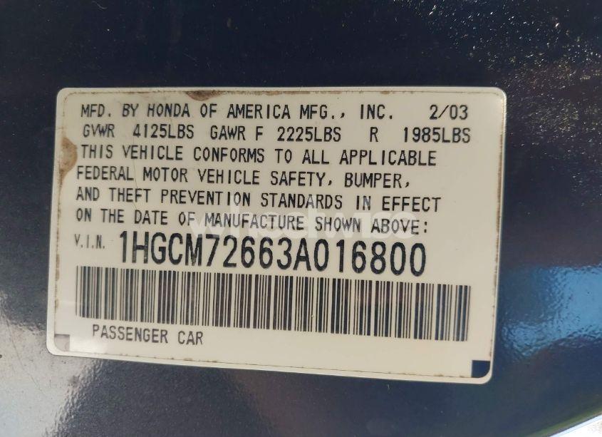 Photo 9 of 2003 Honda Accord 2.4 EX (VIN 1HGCM72663A016800)
