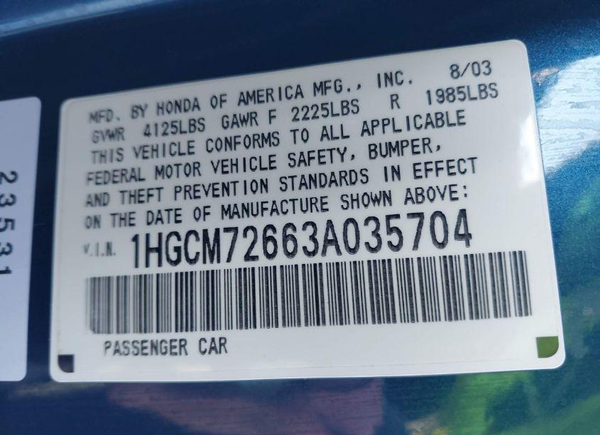 Photo 9 of 2003 Honda Accord 2.4 EX (VIN 1HGCM72663A035704)