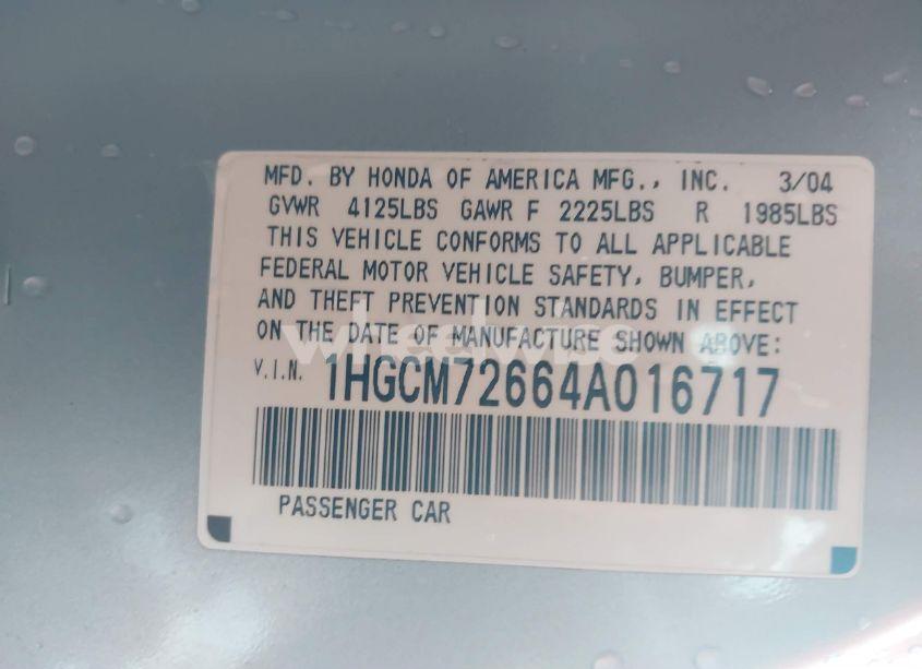 Photo 9 of 2004 Honda Accord 2.4 EX (VIN 1HGCM72664A016717)