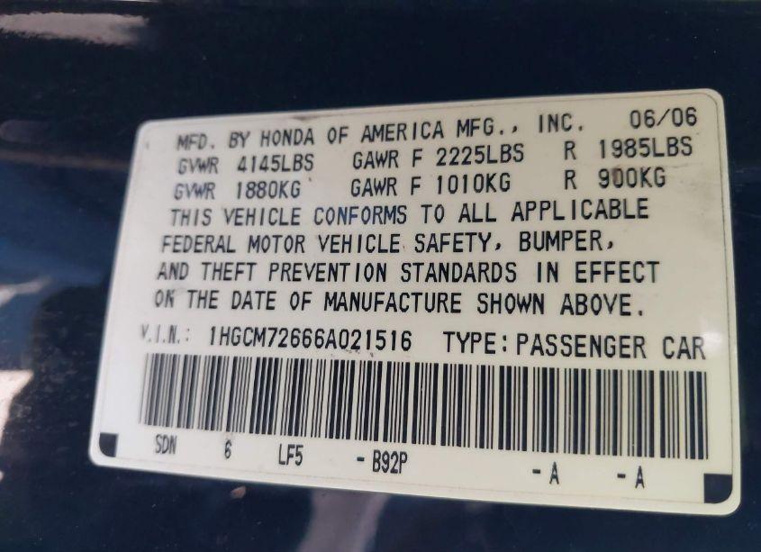 Photo 9 of 2006 Honda Accord 2.4 EX (VIN 1HGCM72666A021516)