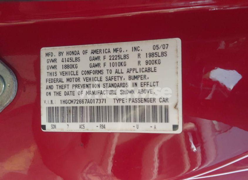 Photo 9 of 2007 Honda Accord 2.4 EX (VIN 1HGCM72667A017371)