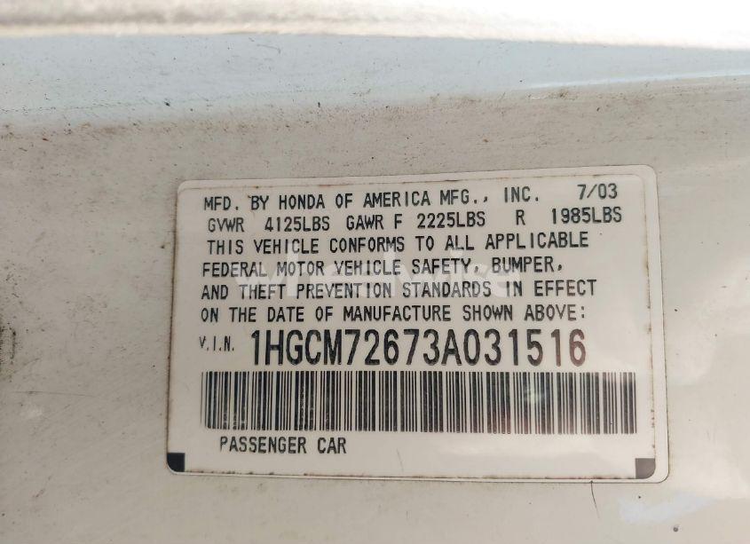 Photo 9 of 2003 Honda Accord EX (VIN 1HGCM72673A031516)