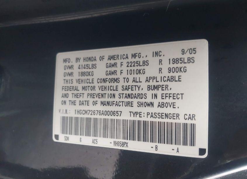 Photo 9 of 2006 Honda Accord 2.4 EX (VIN 1HGCM72676A000657)