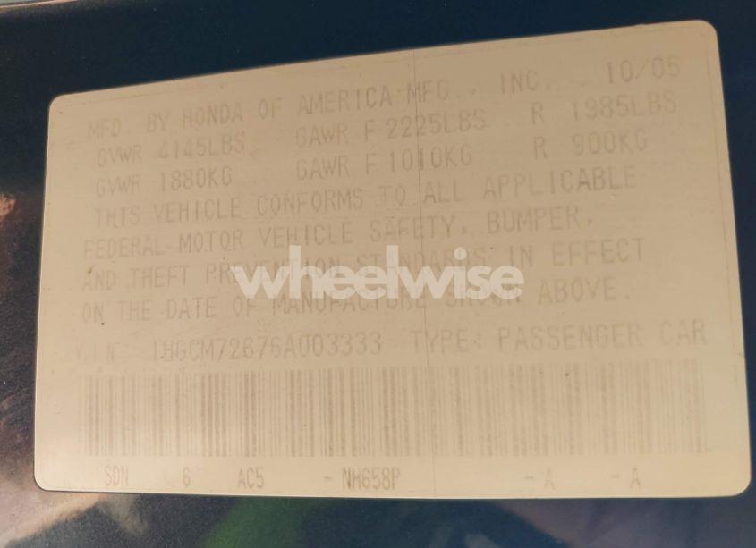 Photo 9 of 2006 Honda Accord 2.4 EX (VIN 1HGCM72676A003333)