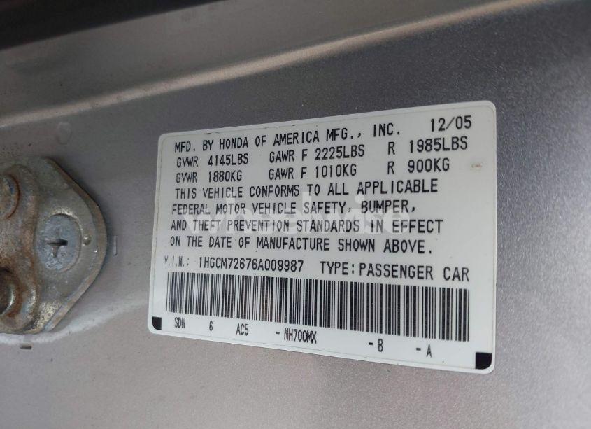 Photo 9 of 2006 Honda Accord 2.4 EX (VIN 1HGCM72676A009987)
