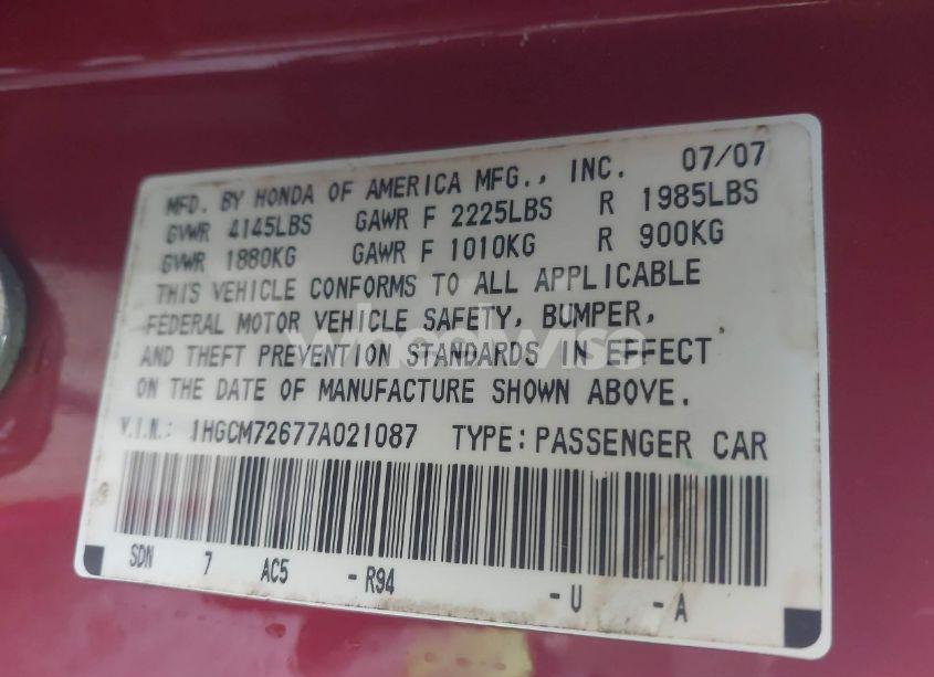Photo 9 of 2007 Honda Accord 2.4 EX (VIN 1HGCM72677A021087)
