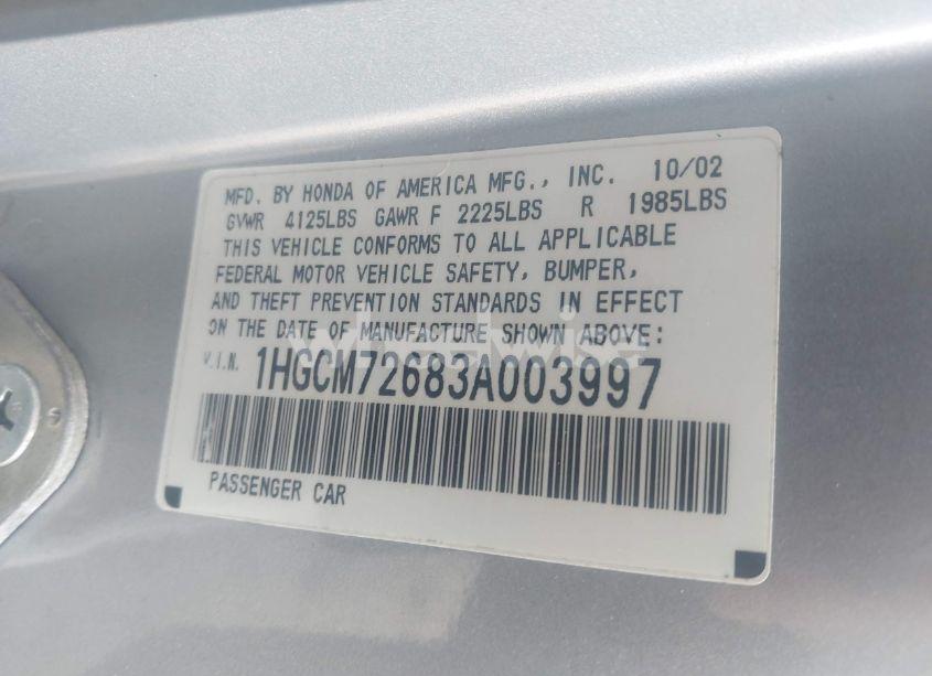Photo 9 of 2003 Honda Accord 2.4 EX (VIN 1HGCM72683A003997)