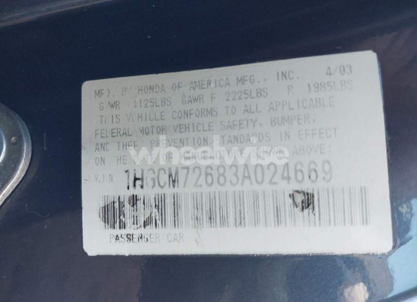 Photo 9 of 2003 Honda Accord 2.4 EX (VIN 1HGCM72683A024669)