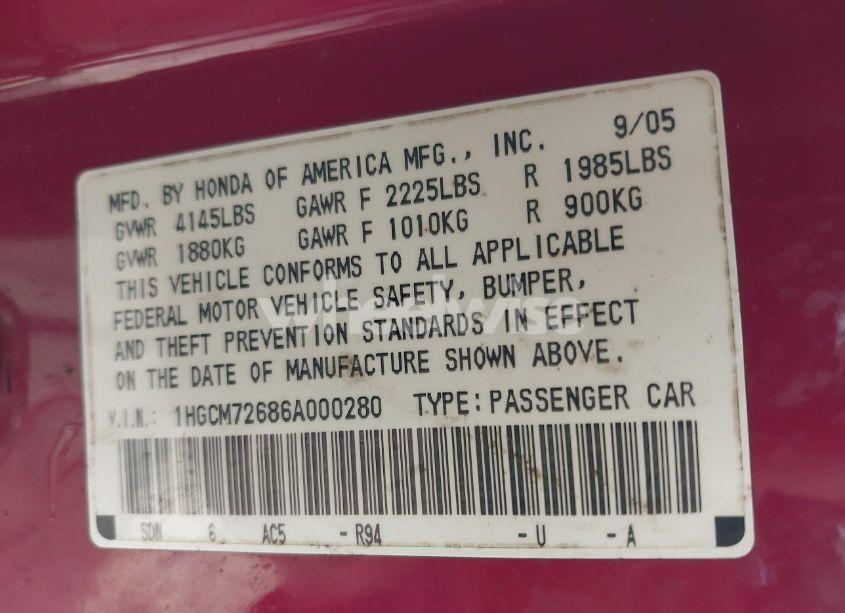 Photo 8 of 2006 Honda Accord 2.4 EX (VIN 1HGCM72686A000280)