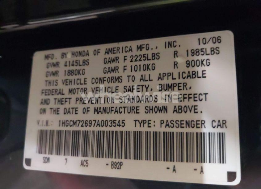 Photo 9 of 2007 Honda Accord 2.4 EX (VIN 1HGCM72697A003545)